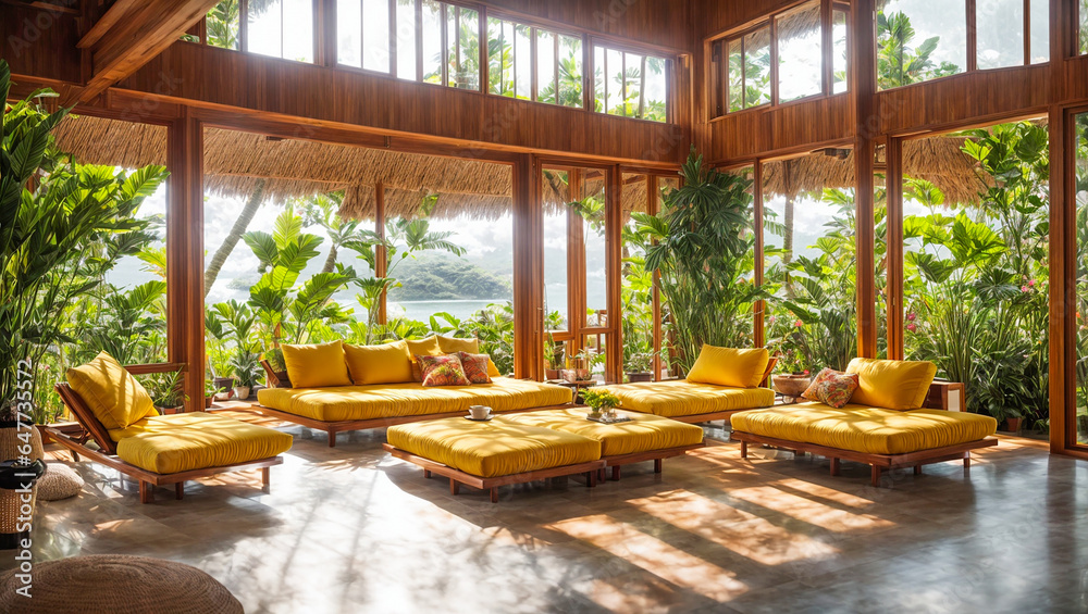Fototapeta premium interior of an eco-friendly house, tropical leaves