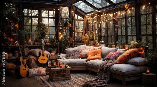 Boho hippy living room with fairy lights, candles, and a cozy, relaxing atmosphere. © swissa