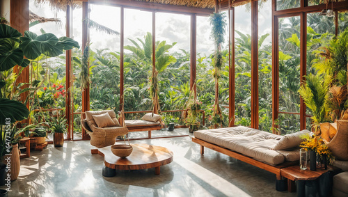 interior of an eco-friendly house, tropical leaves