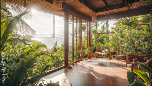 interior of an eco-friendly house  tropical leaves