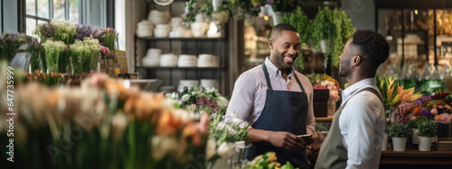 Owner of a flower shop talks to a customer to help him choose a bouquet of flowers © MP Studio