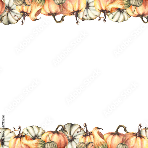 Fall pumpkins seamless frame Autumn vegetables harvest. Isolated watercolor illustration on white background Repeating design for your halloween, thanksgiving, invitation, print, flyers, greeting card