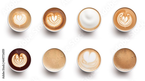 Set of cups with different types of coffee from top view isolated on white background.