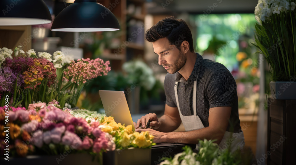 Portrait of man entrepreneur sitting in own flower shop, working on laptop. Portrait of man entrepreneur sitting in own flower shop, working on laptop.
