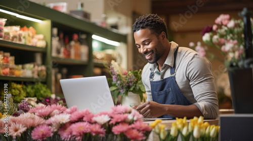 Portrait of man entrepreneur sitting in own flower shop, working on laptop. © MP Studio