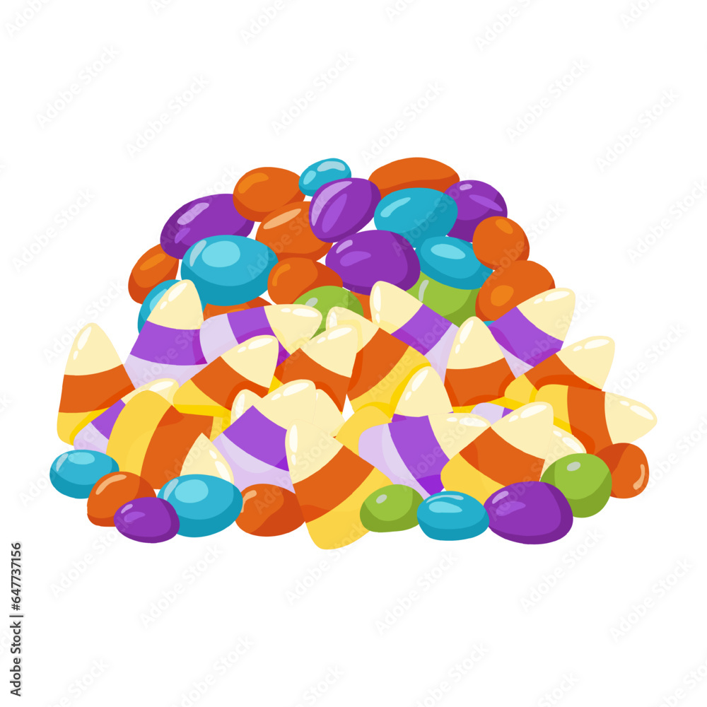 A pile of candy corn and candy beans. Various sweets for children for the holiday Halloween. Multicolored sweet treats. Vector illustration.