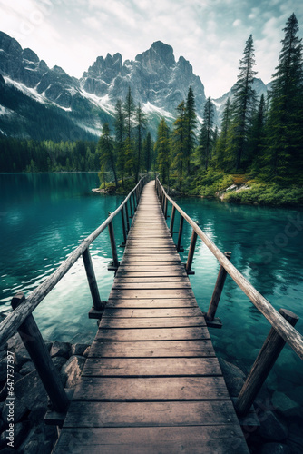 Wooden bridge over tranquil mountain lake surrounded by stunning natural landscapes