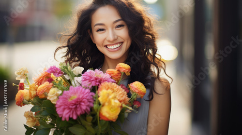 Young happy woman holds a bouquet of flowers in her hands © MP Studio