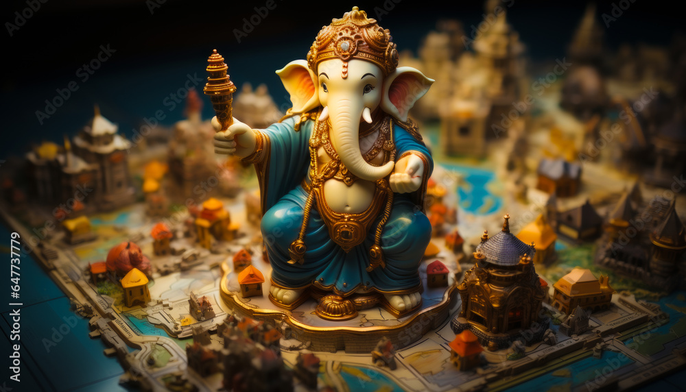 a ganesha god sculpture with village model