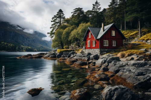 A typical red and colorful cottage of the Norwegian culture and architecture in Norway. High quality photo