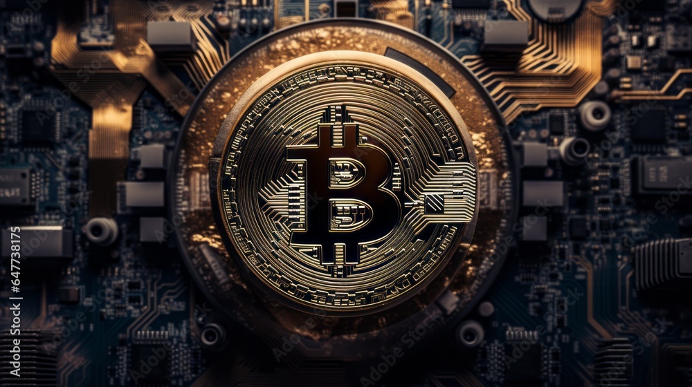Bitcoin coin with motherboard background