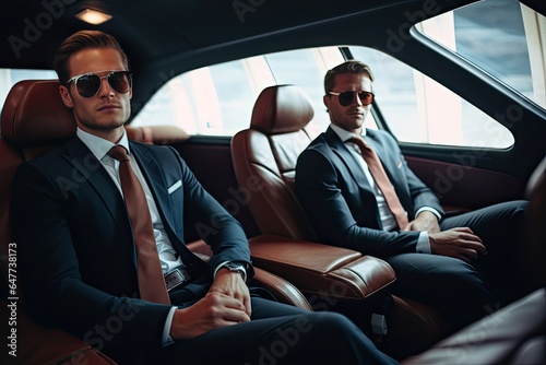 Two confident businessmen in a modern car, one in the driver's seat, the other in the back, working on a laptop during a journey. © Andrii Zastrozhnov