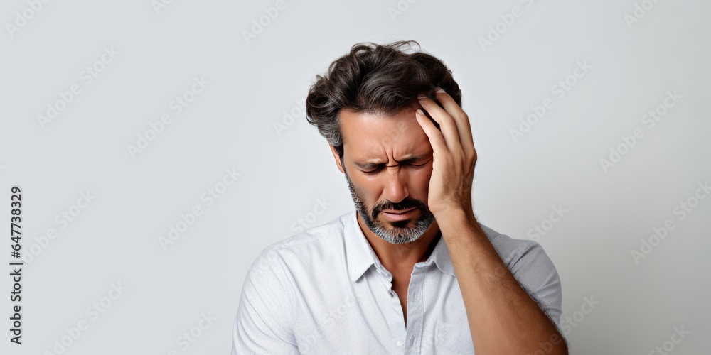 man with headache on white background man with headache on white background