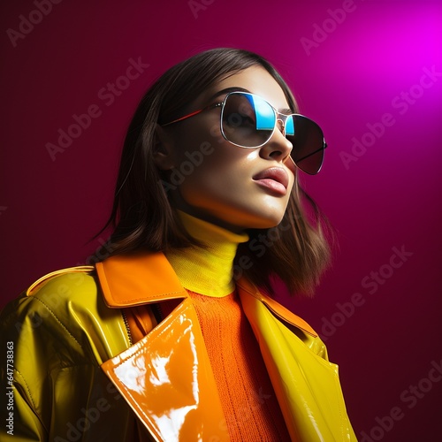 studio photo of a woman on a pink background wearing colored clothes and glasses © SavinArt