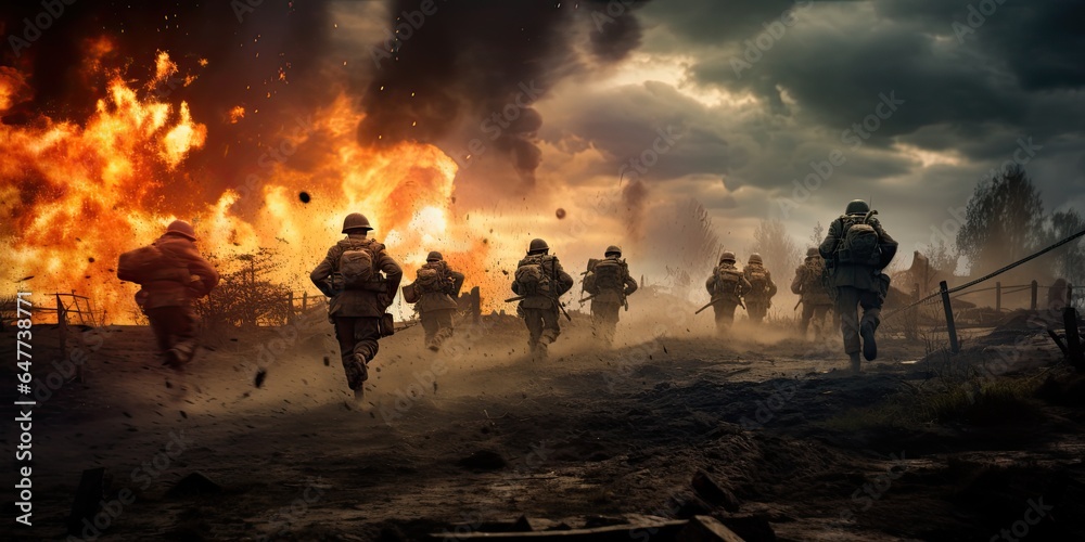 Soldiers running across the battlefield. Explosions in the background. Soldiers running across the battlefield. Explosions in the background.