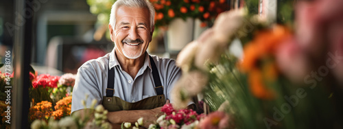Smiling senior man in apron standing against his flower shop