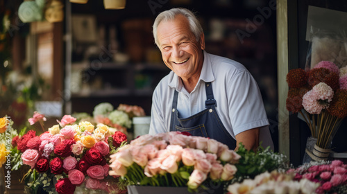 Smiling senior man in apron standing against his flower shop