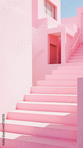 Beautiful scene from a Mediterranean stone village with stairs in pink tones  sunny afternoon  simple architecture. Generative AI.