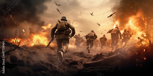 Soldiers running across the battlefield. Explosions in the background. photo