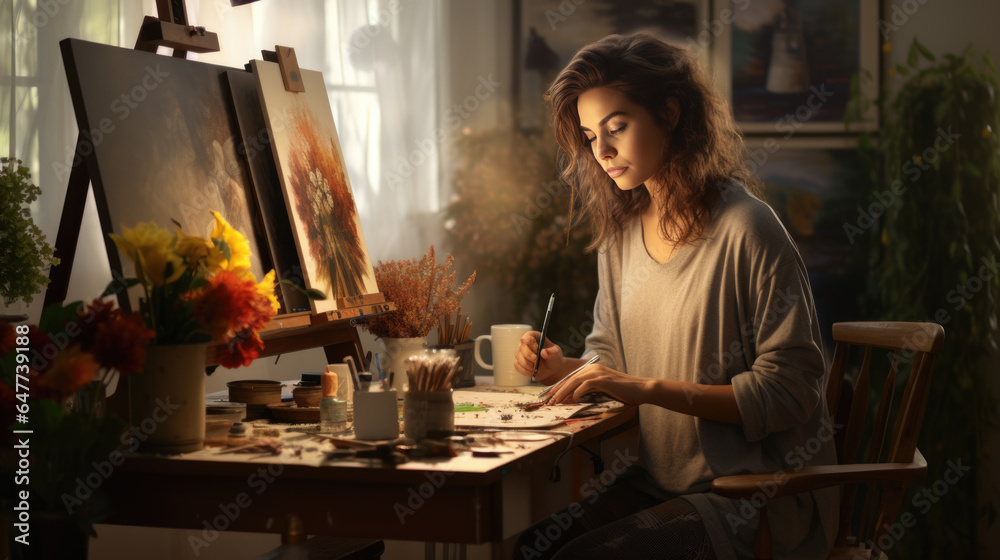 Female artist working on painting in her studio Female artist working on painting in her studio
