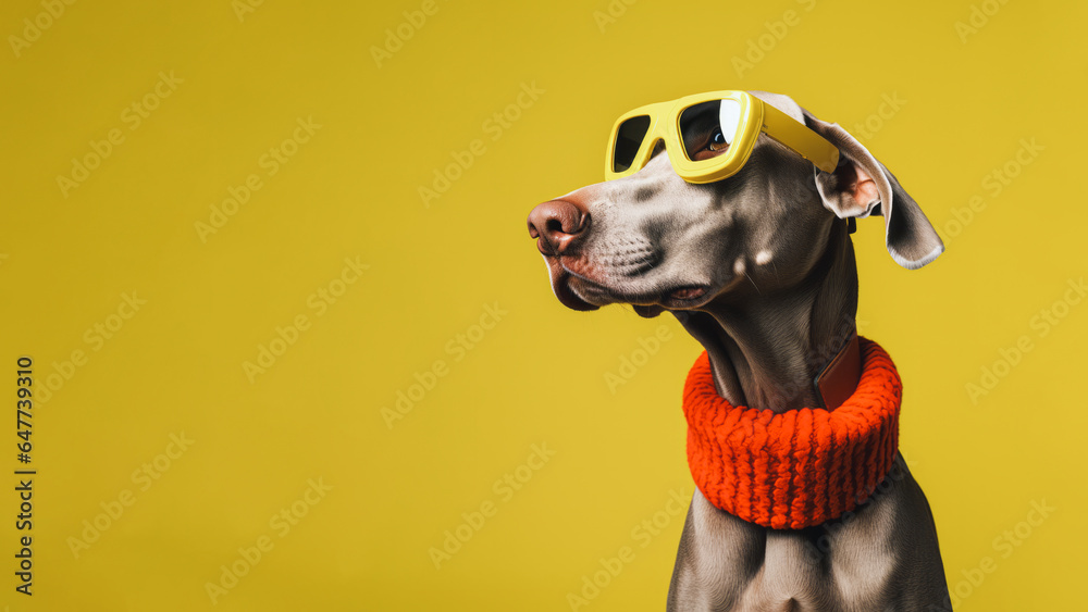 Elegant cute dog dressed in the style of a designer or stylist in a red sweater and yellow glasses with thick frames poses in front of a minimal pastel background with copy space on the left side. 
