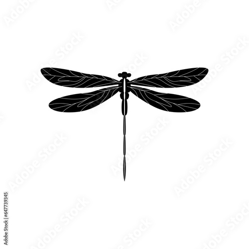 Silhouette of a dragonfly. Glyph icon of insect, simple shape of damselfly. Black vector illustration on white. Perfect for decoration, carving, design.