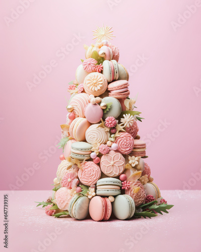 A pile of delicious pastel-colored macarons forming a Christmas tree shape on a pastel pink minimalistic background. Generative AI.