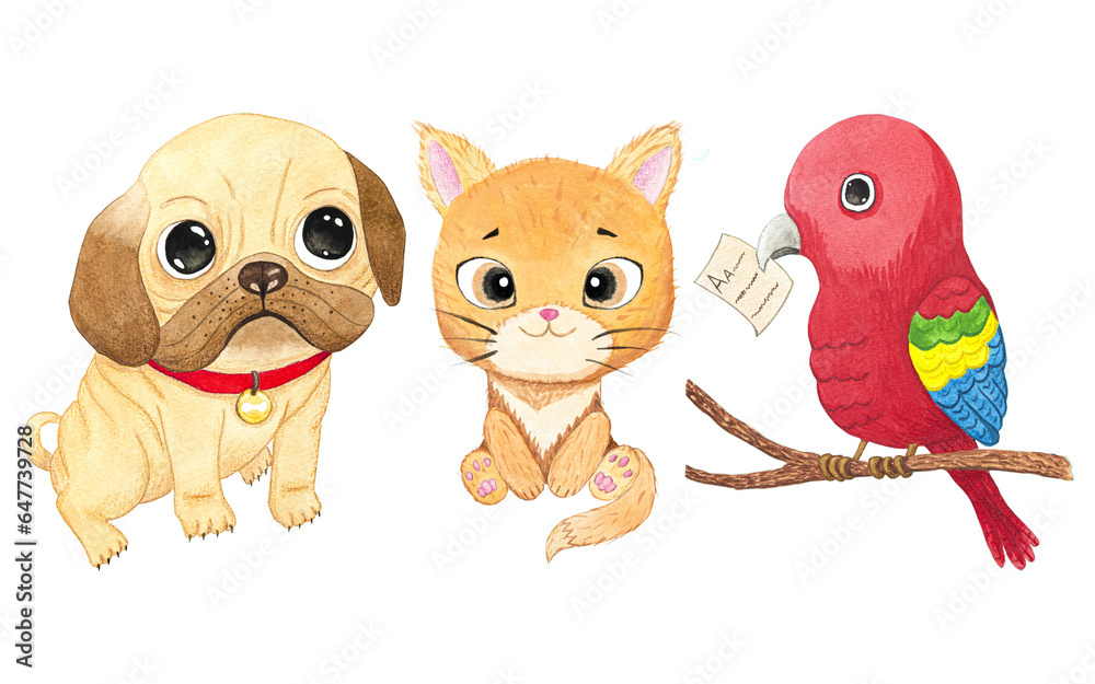 Fototapeta premium Cute cartoon domestic animals, pets. Cat, dog, parrot. watercolor art