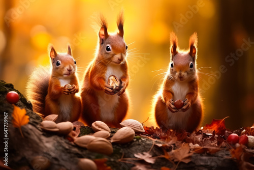 A charming squirrel family busily collecting nuts in the vibrant autumn colors of the forest 