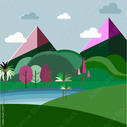 Panoramic views of colorful mountains, beautiful meadows with trees and clean lake. Flat vector landscape with nature