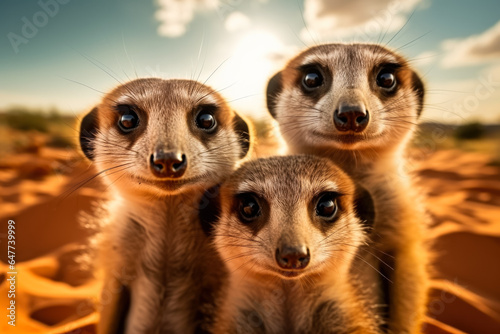 A close-up of a meerkat family playfully digging in the desert sand with a spacious background for text 