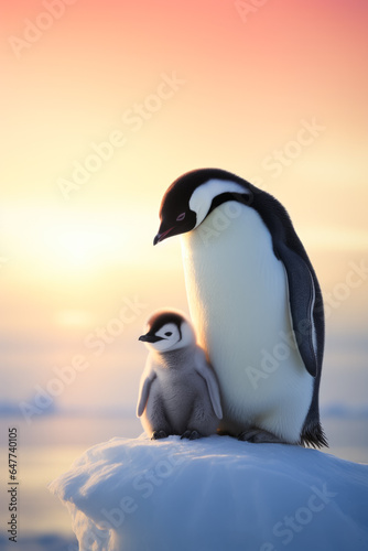 A heartwarming image of a penguin parent and chick their bond depicted beautifully against a serene gradient backdrop in Antarctica 