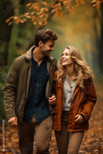 a beautiful young caucasian couple posing for a selfie photo on a forest walk on a vacation in autumn © Romana