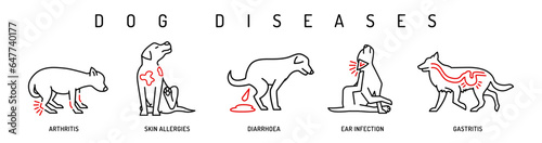 Dog diseases icon set. Skin allergies, ear infections, gastritis, shark feces, arthritis.
