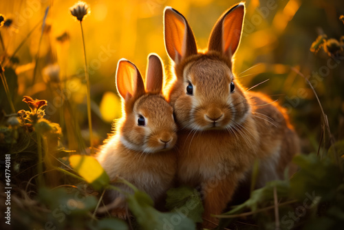 A heartwarming moment captured as baby rabbits snuggle close to their nurturing mother in a lush sun-kissed meadow 