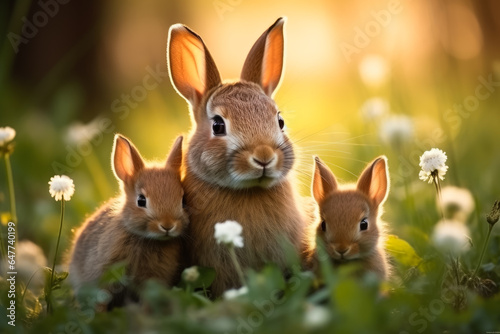 A heartwarming moment captured in a lush meadow baby rabbits snuggling with their nurturing mother background with empty space for text 