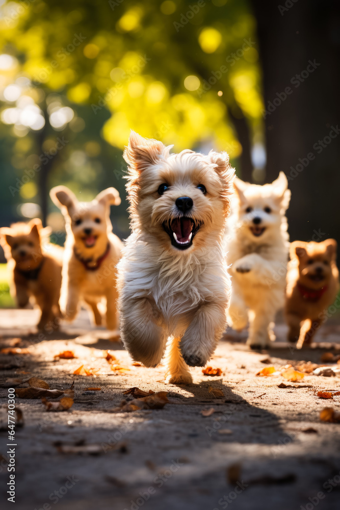 A joyful scene of puppies frolicking with their parent dogs spreading laughter and happiness in the park  - obrazy, fototapety, plakaty 