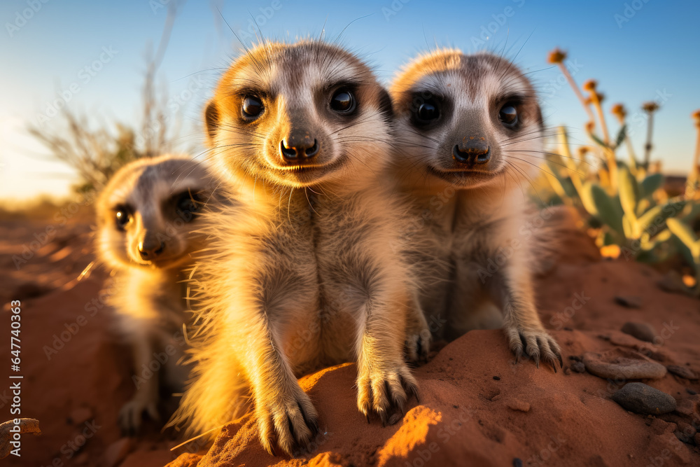 A playful meerkat family explores their desert surroundings uncovering hidden treasures with curiosity and boundless energy 