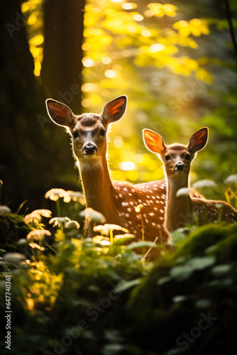 A peaceful doe tenderly watches over her slumbering fawn amidst the serene beauty of a sun-dappled woodland 