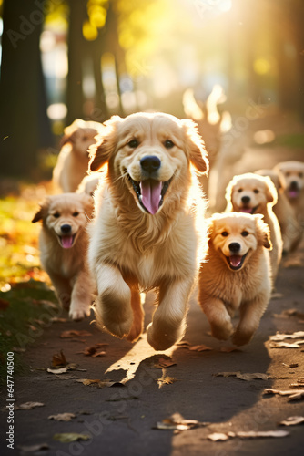 Adorable puppies eagerly frolic alongside their proud parent dogs spreading joy and laughter in the sunny park 