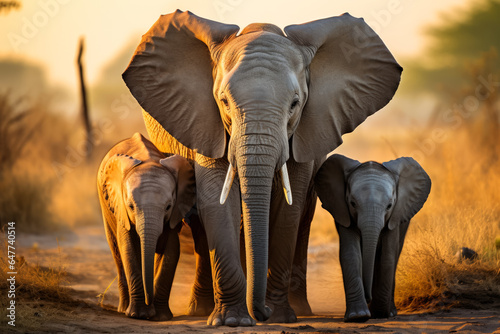 An adorable baby elephant is surrounded by its loving family showcasing the strong bond they share in the vast African savannah 