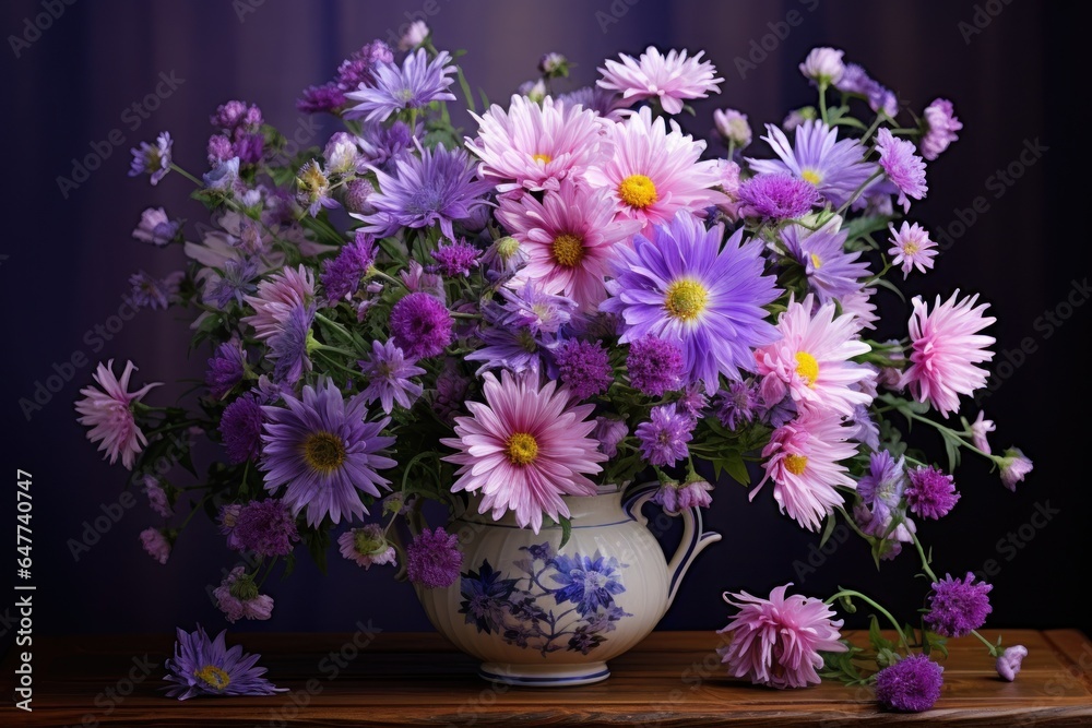 Purple and White Flower Filled Vase