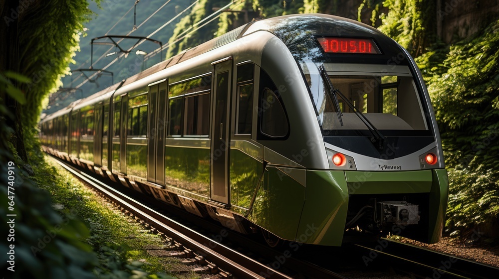 Naklejka premium train on the railway, modern electric train, Embracing green energy inspiration