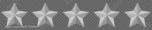 Five silver stars set. Five stars customer product rating. Vector illustration isolated on transparent background
