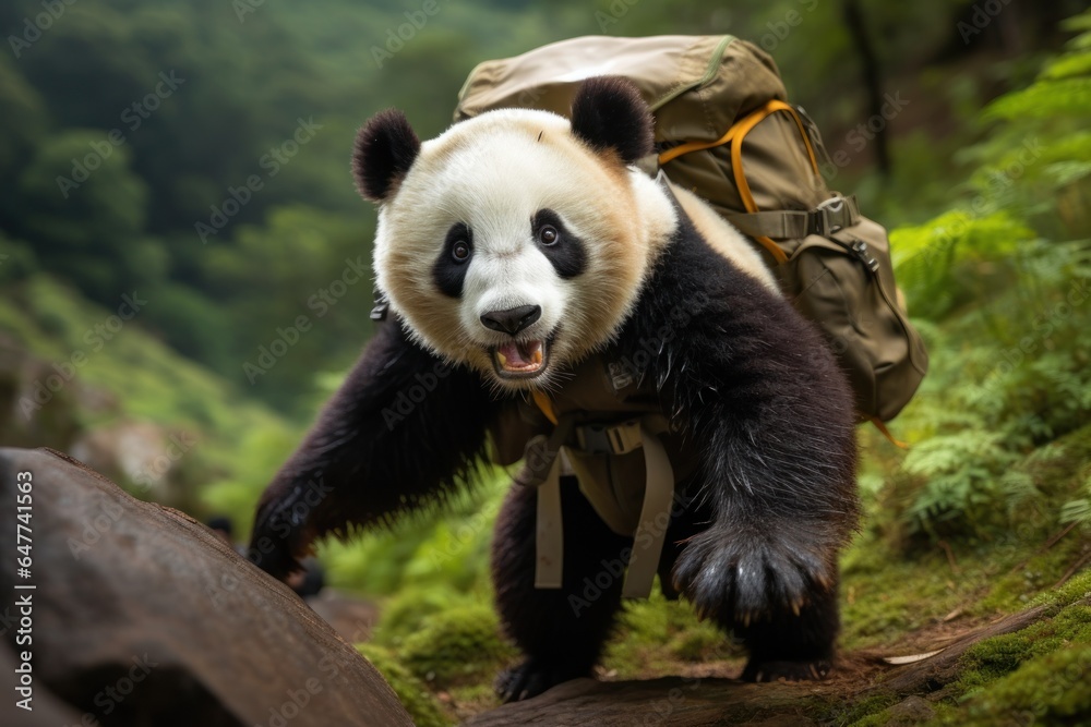 Obraz premium Panda Bear with Backpack Walking on Trail