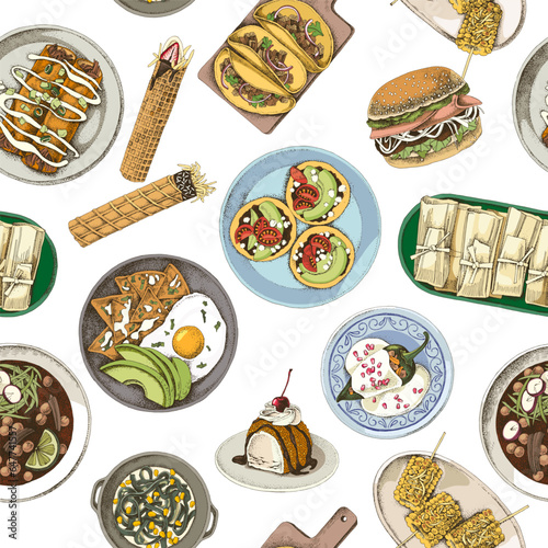 Mexican food dishes seamless pattern