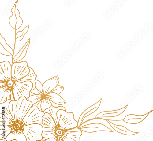 Beautiful Gold floral corner border with hand drawn leaves and flowers for wedding or engagement
