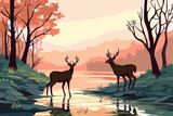 Stail cartoon deer on the river bank