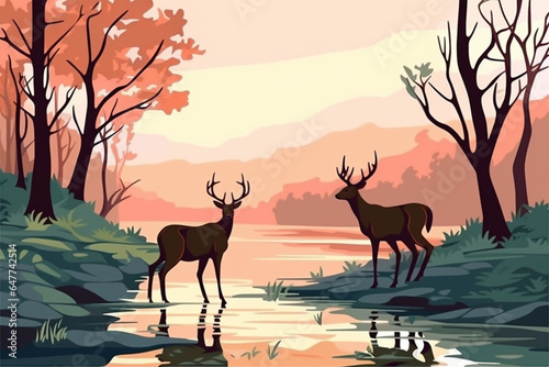 Stail cartoon deer on the river bank