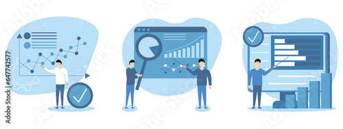 Data analytics concept. Financial management illustration set. Characters analyze candlestick and pie charts, various types of graphs.Vector illustration.